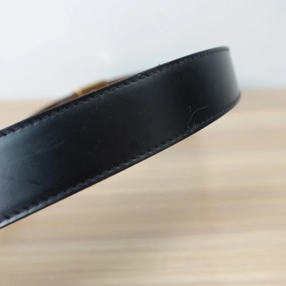 DUNHILL Black Leather Belt Mens 36 Genuine Cowhide Gold Plated Buckle SLIM